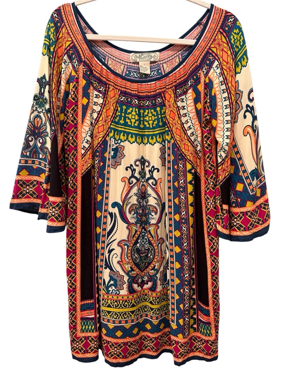 Boho Printed Scoop Neck Tunic Top - Mini Dress Multicolor Hippie Sz L - Picture 1 of 9